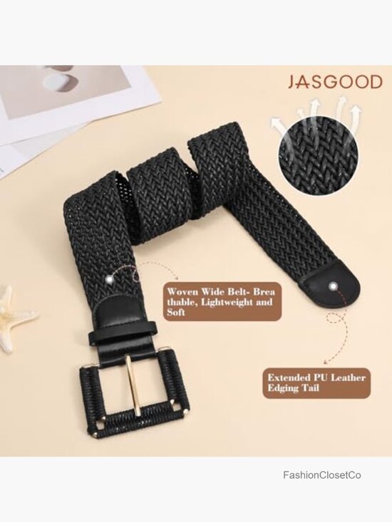 Wide Woven Belt for Dresses Rattan Waist Belt Braided Boho with Square Buckle